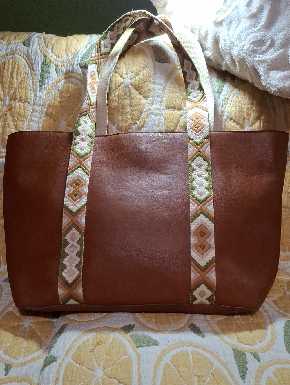 Sonoma Brown Tote with Patterned Cream, Pink and Green Straps